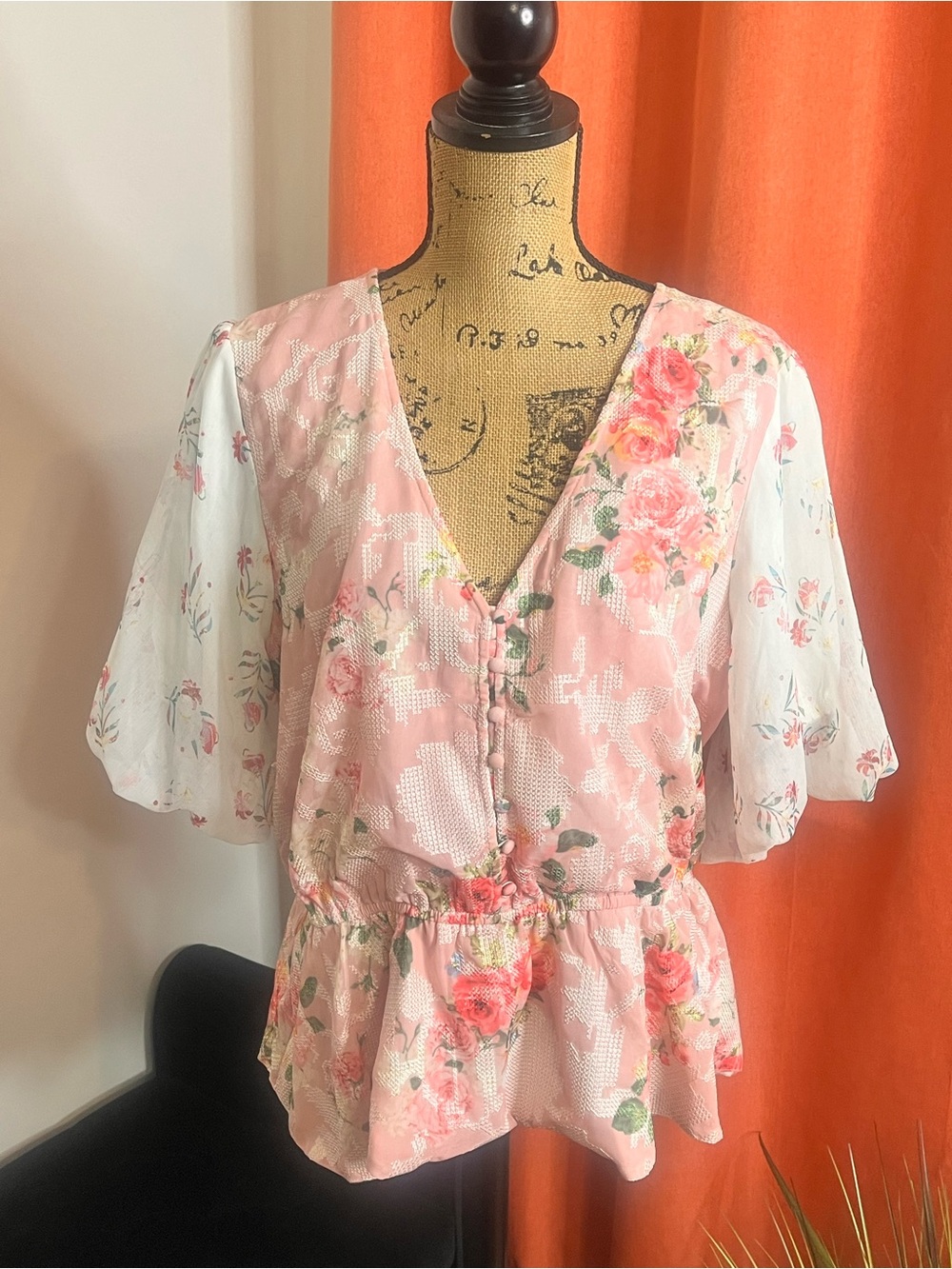 Anthropologie Floral Pink V-Neck Peplum Blouse
